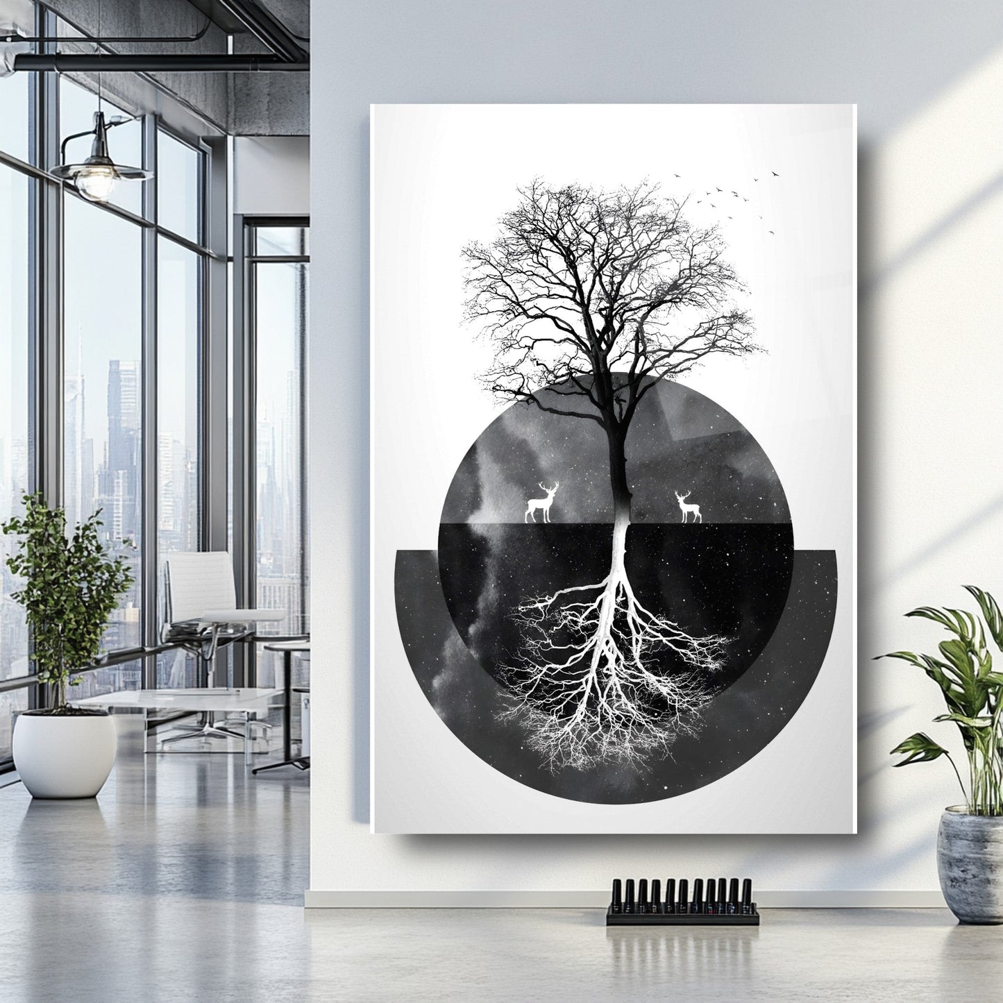 Siyah Beyaz Hayat Ağacı Cam Tablo