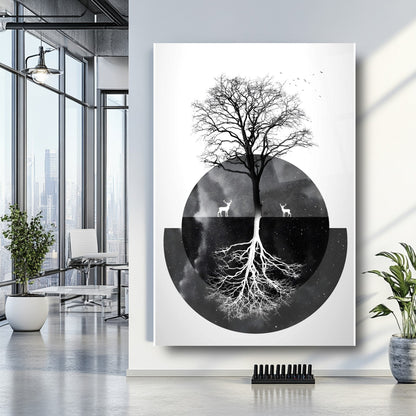 Siyah Beyaz Hayat Ağacı Cam Tablo