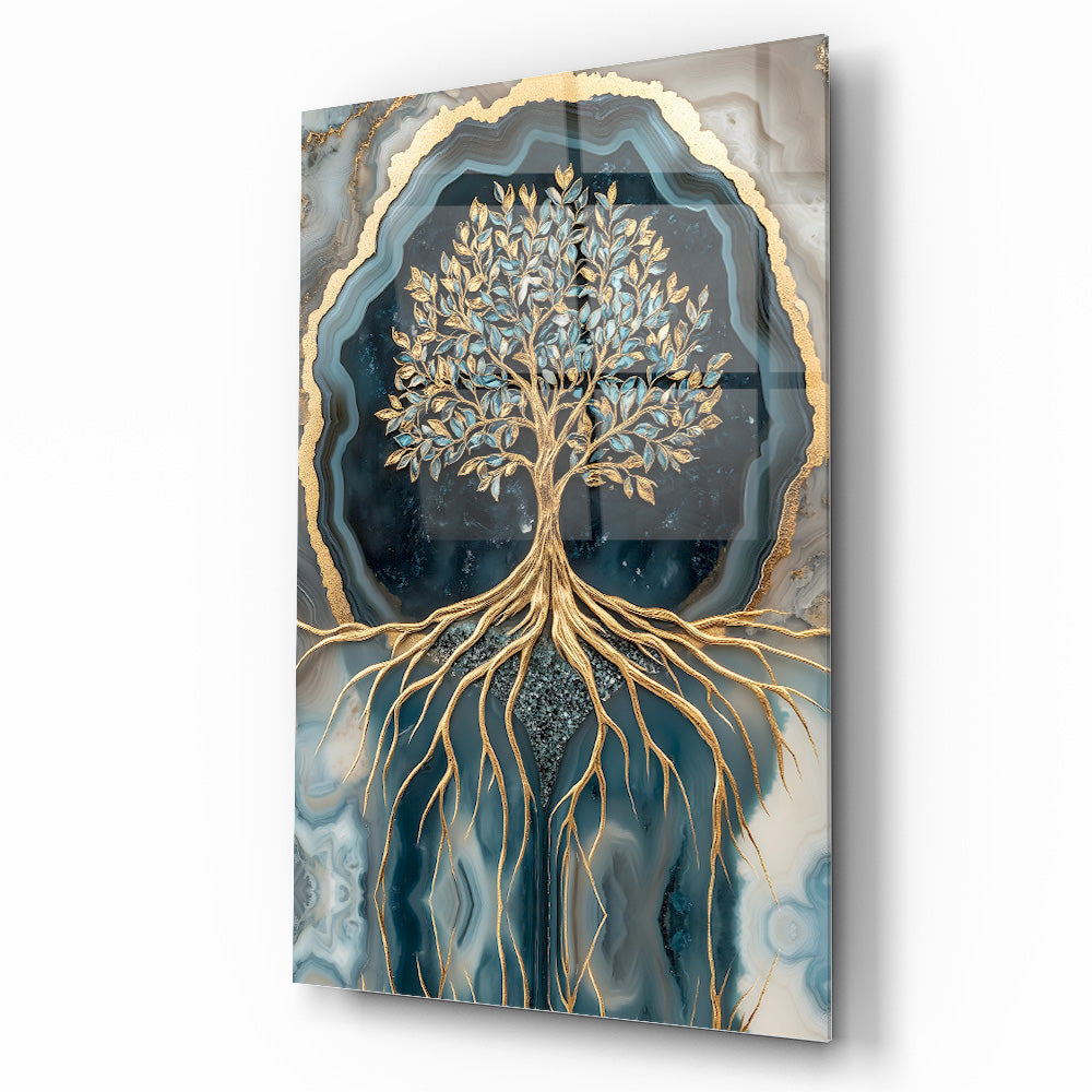 Mermer Desenli Yeşil Gold Hayat Ağacı Cam Tablo