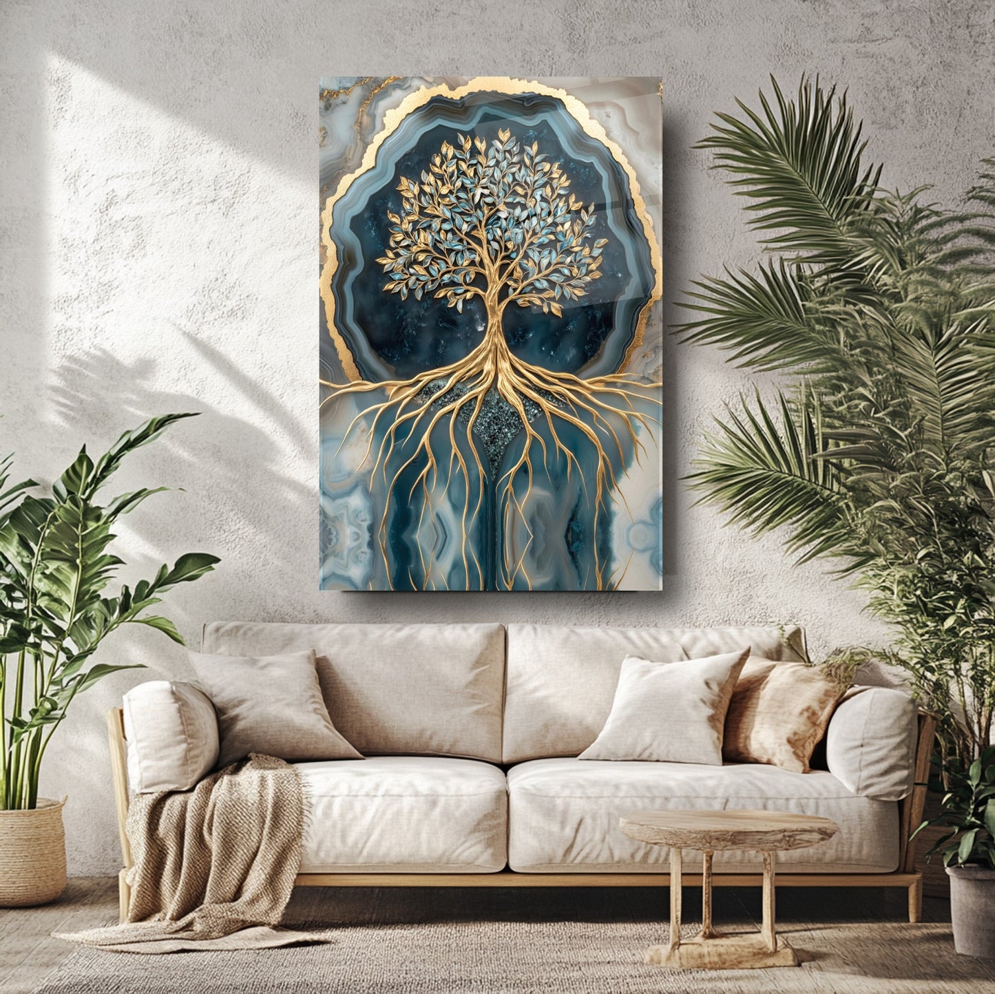 Mermer Desenli Yeşil Gold Hayat Ağacı Cam Tablo