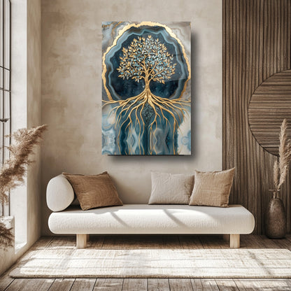 Mermer Desenli Yeşil Gold Hayat Ağacı Cam Tablo