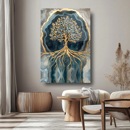 Mermer Desenli Yeşil Gold Hayat Ağacı Cam Tablo