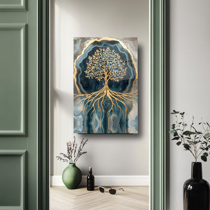 Mermer Desenli Yeşil Gold Hayat Ağacı Cam Tablo