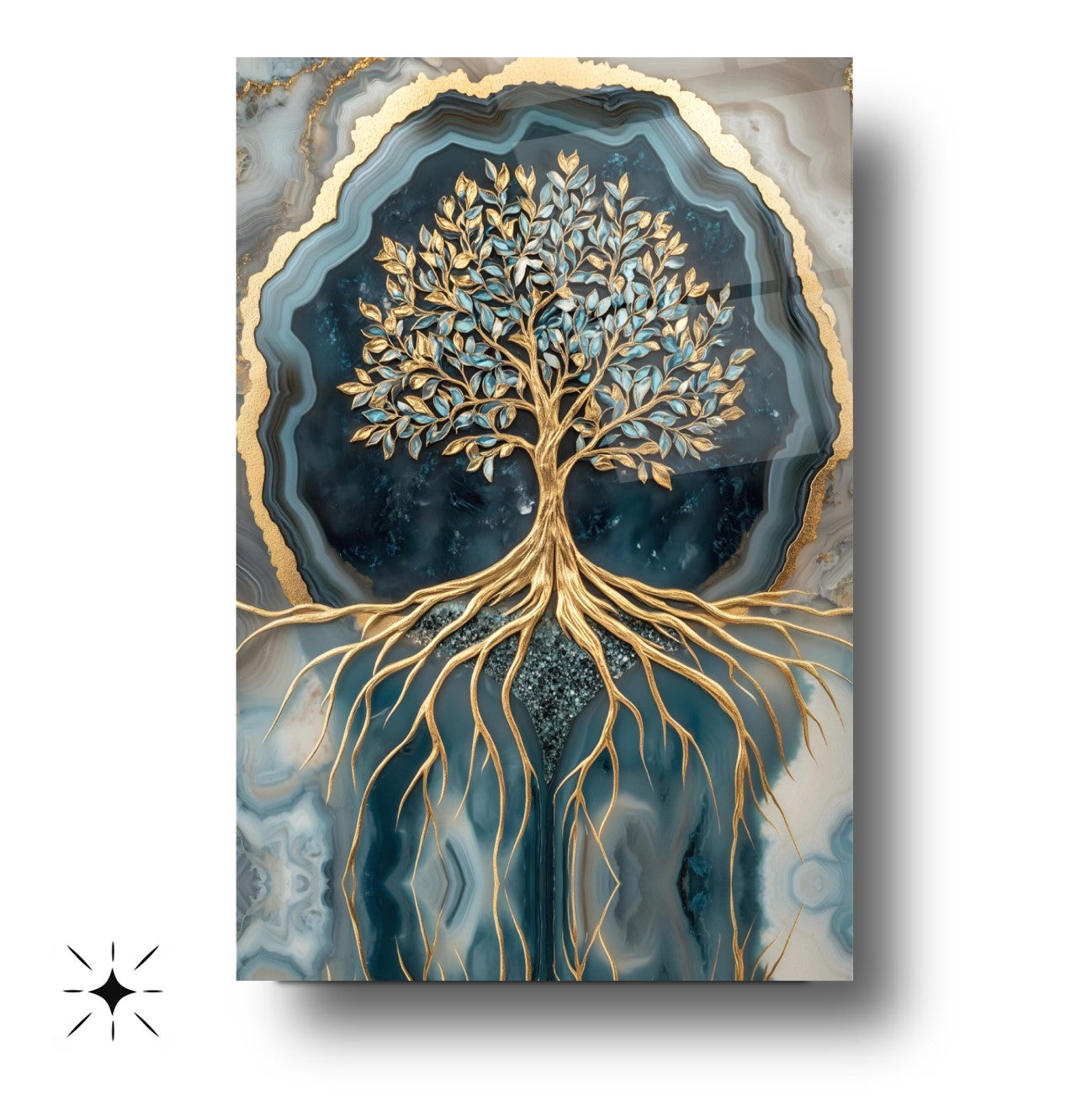 Mermer Desenli Yeşil Gold Hayat Ağacı Cam Tablo