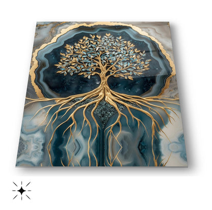 Mermer Desenli Yeşil Gold Hayat Ağacı Cam Tablo