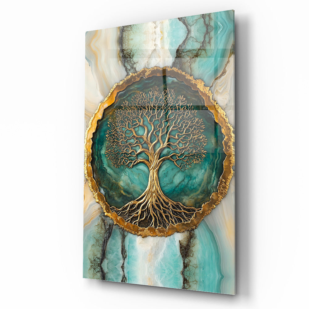 Mermer Desen Gold Yeşil Hayat Ağacı Cam Tablo