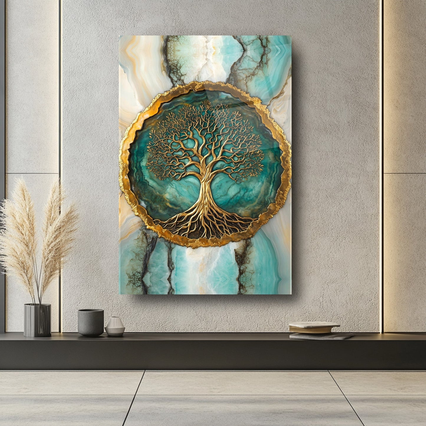 Mermer Desen Gold Yeşil Hayat Ağacı Cam Tablo