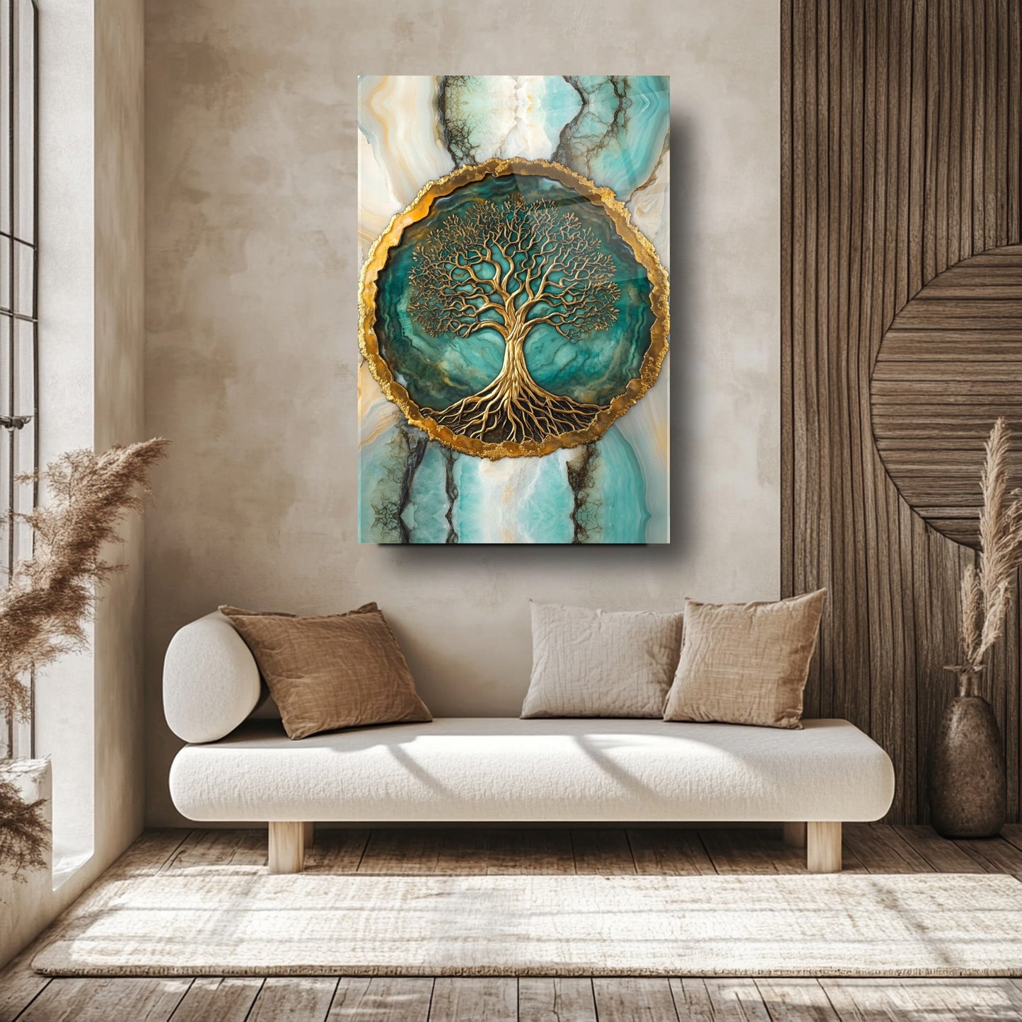 Mermer Desen Gold Yeşil Hayat Ağacı Cam Tablo