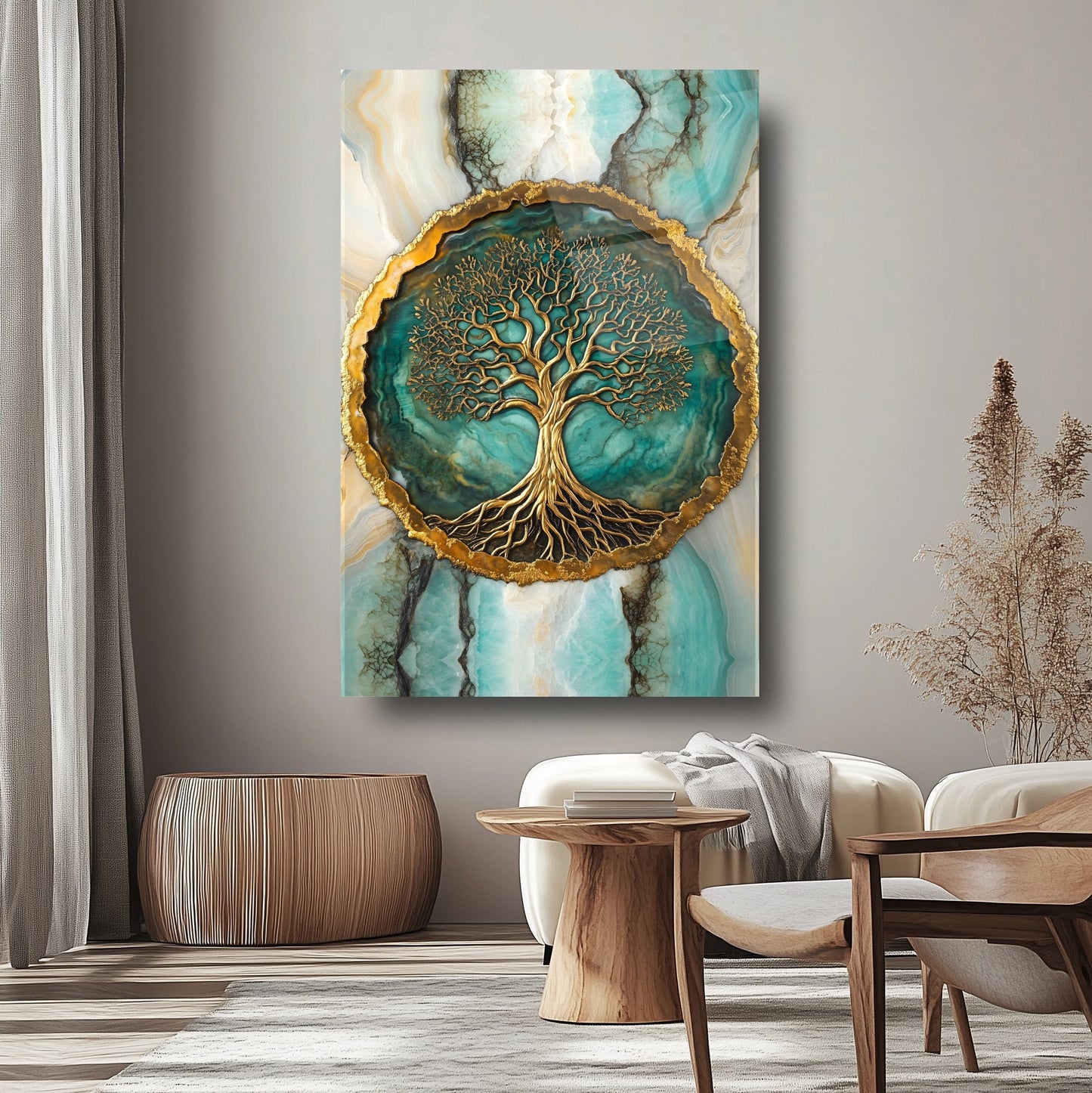 Mermer Desen Gold Yeşil Hayat Ağacı Cam Tablo