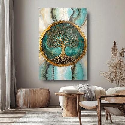 Mermer Desen Gold Yeşil Hayat Ağacı Cam Tablo