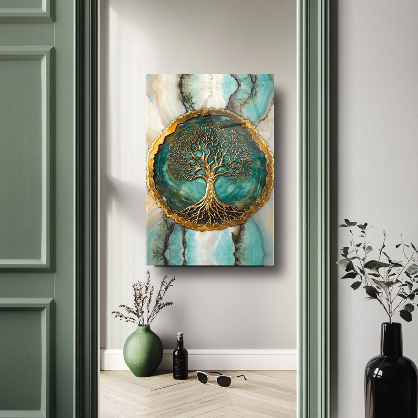 Mermer Desen Gold Yeşil Hayat Ağacı Cam Tablo