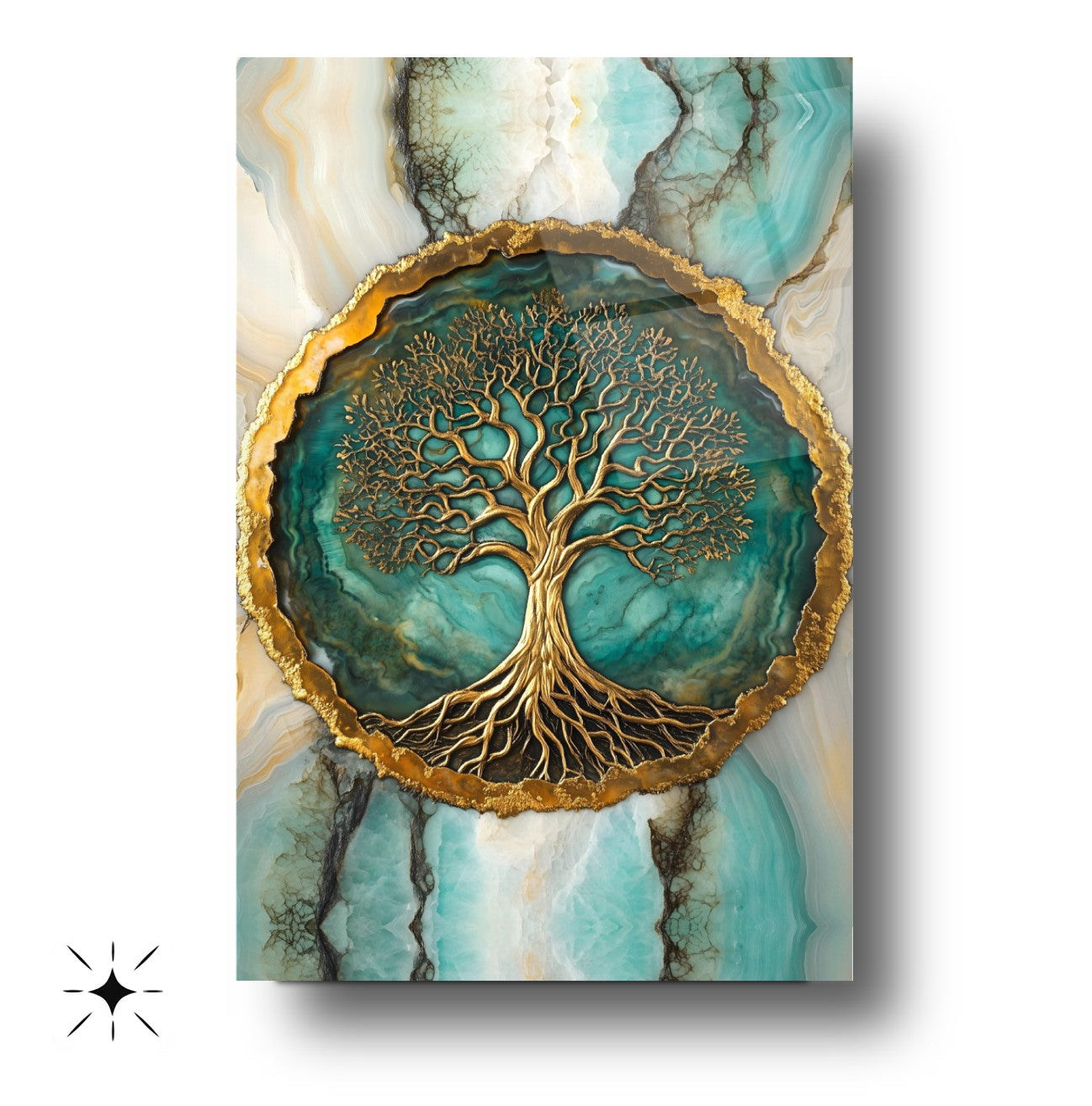 Mermer Desen Gold Yeşil Hayat Ağacı Cam Tablo