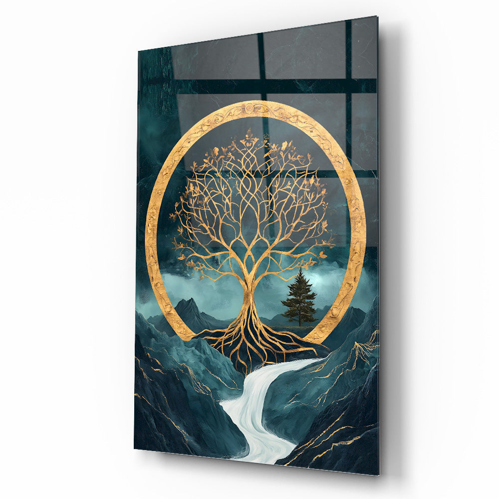 Gold Yeşil Hayat Ağacı Cam Tablo