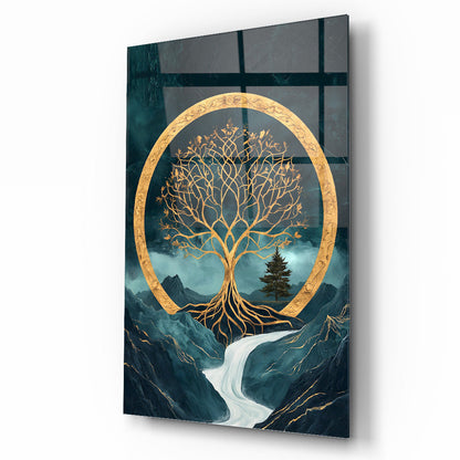Gold Yeşil Hayat Ağacı Cam Tablo