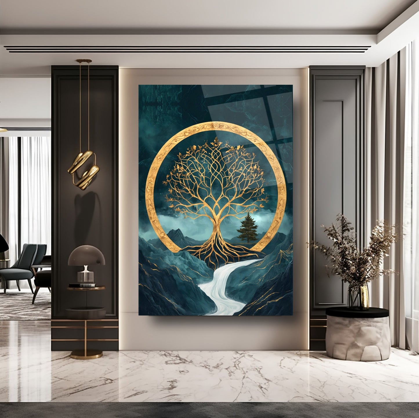 Gold Yeşil Hayat Ağacı Cam Tablo