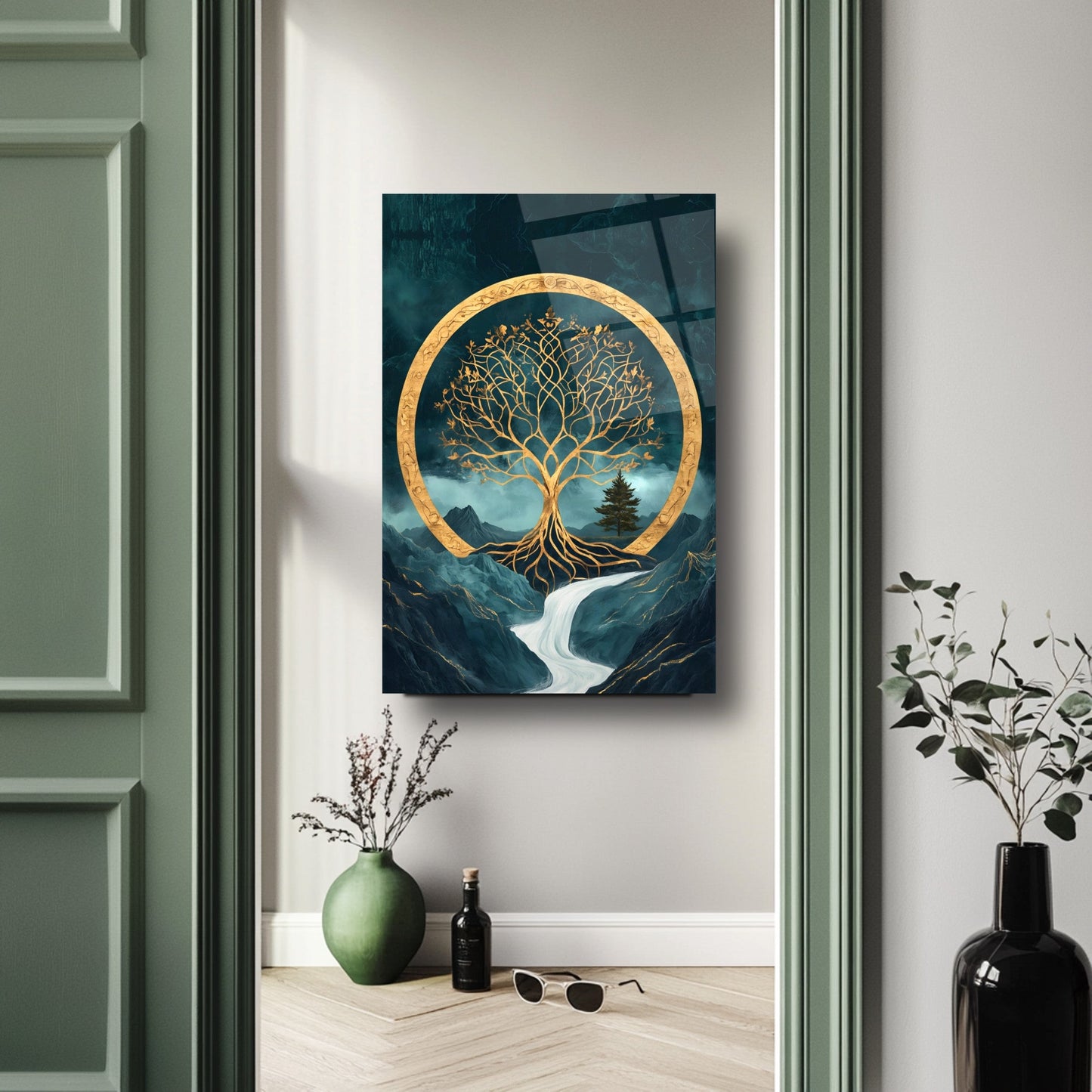 Gold Yeşil Hayat Ağacı Cam Tablo