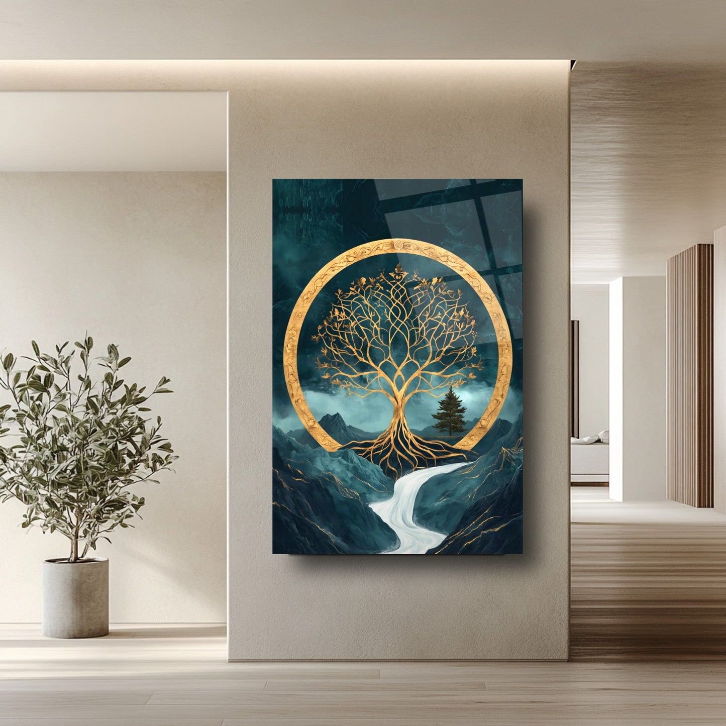 Gold Yeşil Hayat Ağacı Cam Tablo