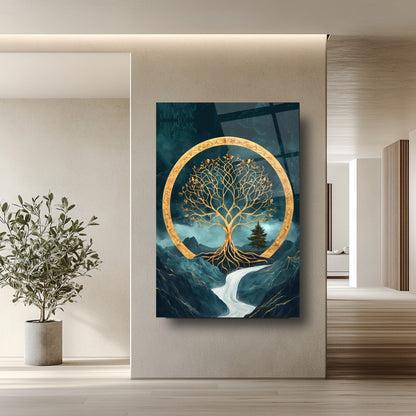 Gold Yeşil Hayat Ağacı Cam Tablo