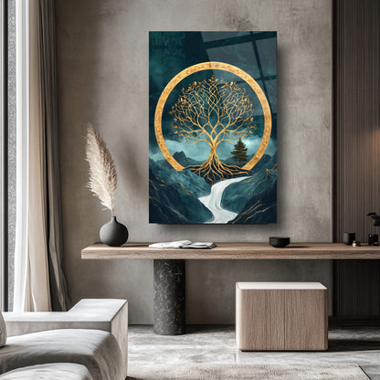 Gold Yeşil Hayat Ağacı Cam Tablo