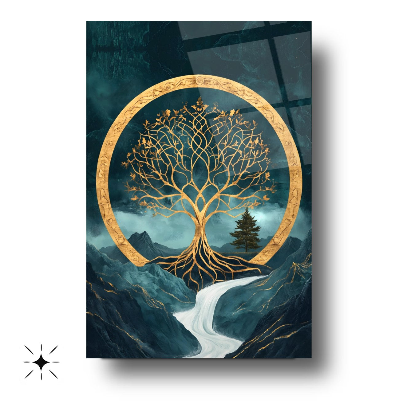 Gold Yeşil Hayat Ağacı Cam Tablo