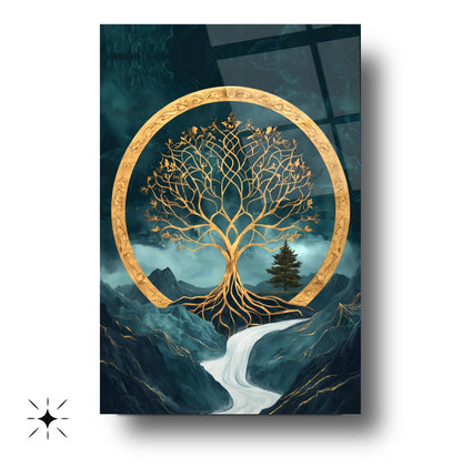 Gold Yeşil Hayat Ağacı Cam Tablo