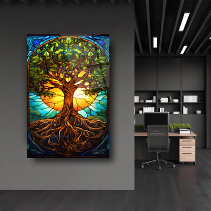 Vitray Desenli Renkli Hayat Ağacı Cam Tablo