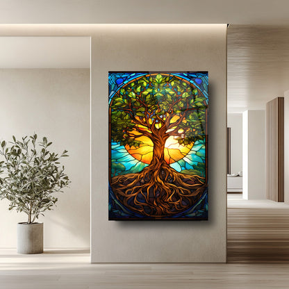 Vitray Desenli Renkli Hayat Ağacı Cam Tablo