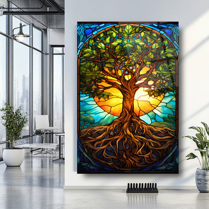 Vitray Desenli Renkli Hayat Ağacı Cam Tablo