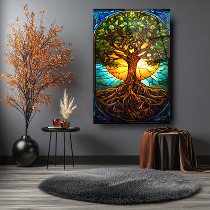Vitray Desenli Renkli Hayat Ağacı Cam Tablo