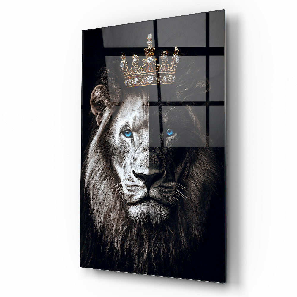 Mavi Gözlü Taçlı Aslan Cam Tablo