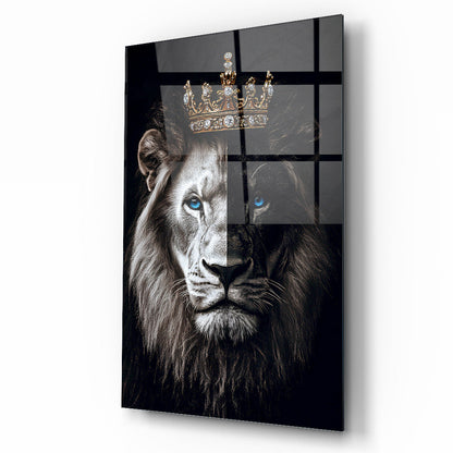 Mavi Gözlü Taçlı Aslan Cam Tablo