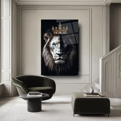 Mavi Gözlü Taçlı Aslan Cam Tablo