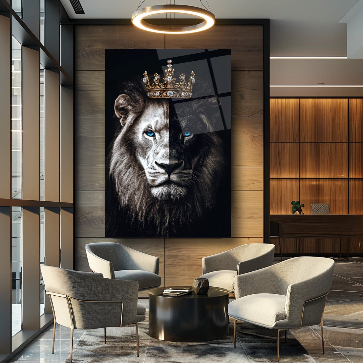 Mavi Gözlü Taçlı Aslan Cam Tablo