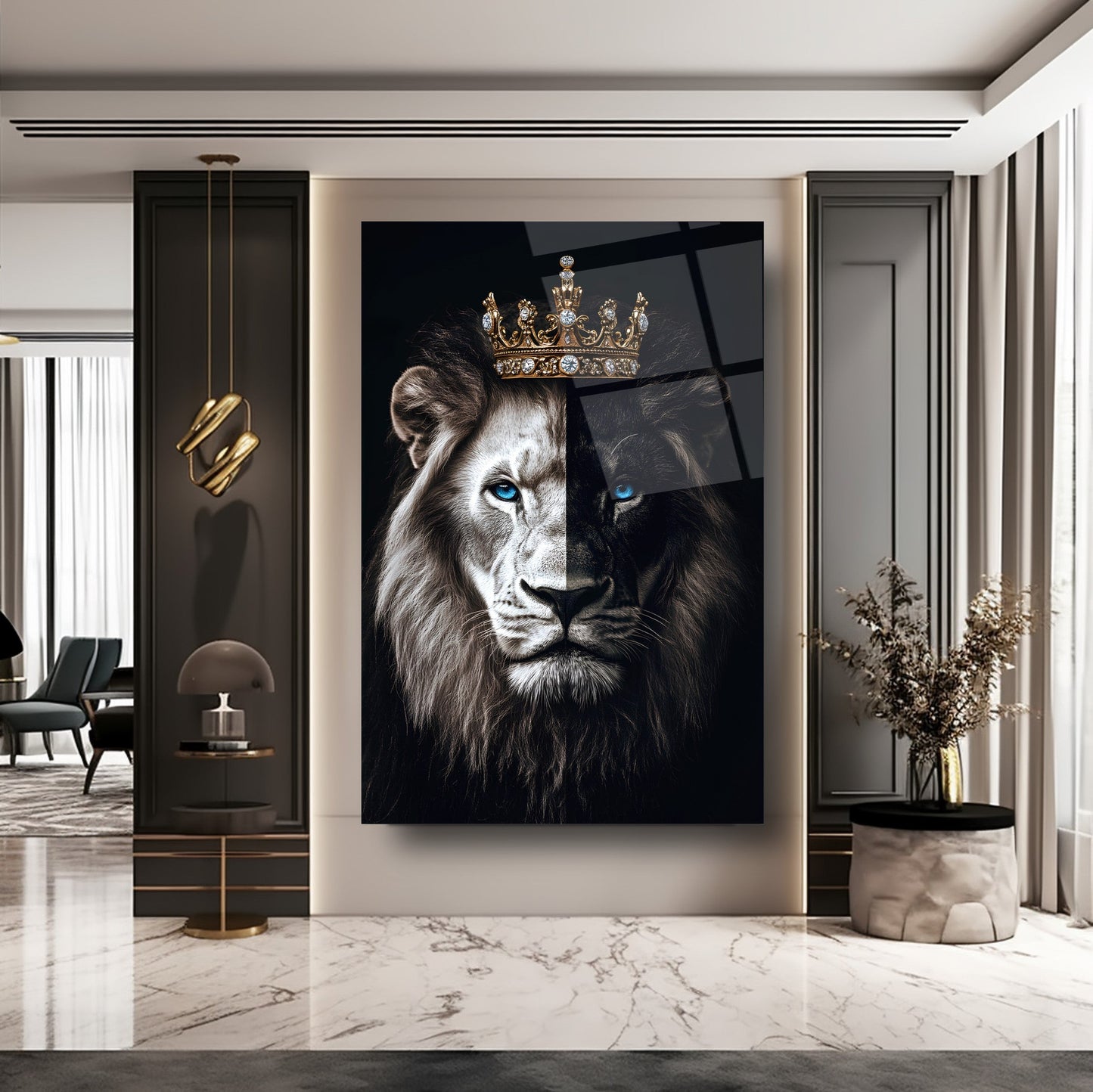 Mavi Gözlü Taçlı Aslan Cam Tablo