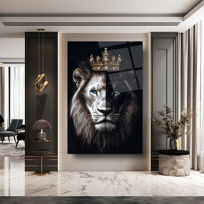 Mavi Gözlü Taçlı Aslan Cam Tablo