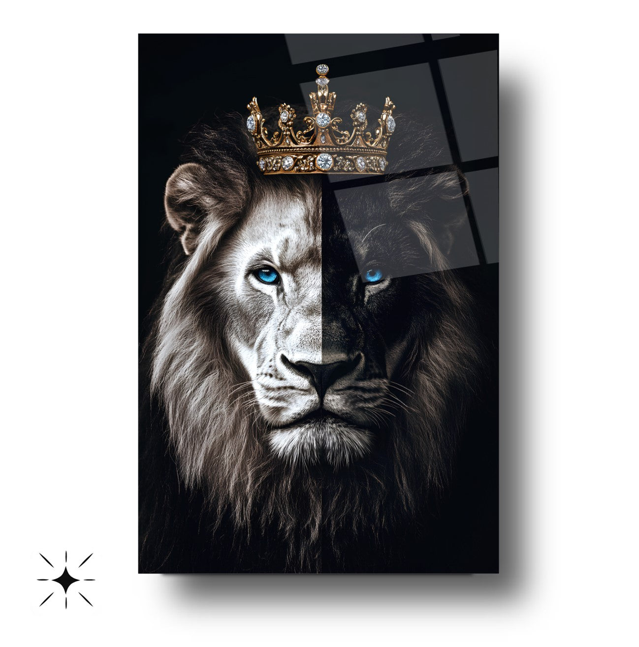 Mavi Gözlü Taçlı Aslan Cam Tablo