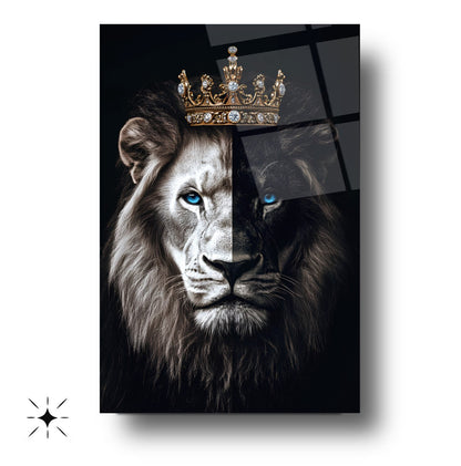 Mavi Gözlü Taçlı Aslan Cam Tablo