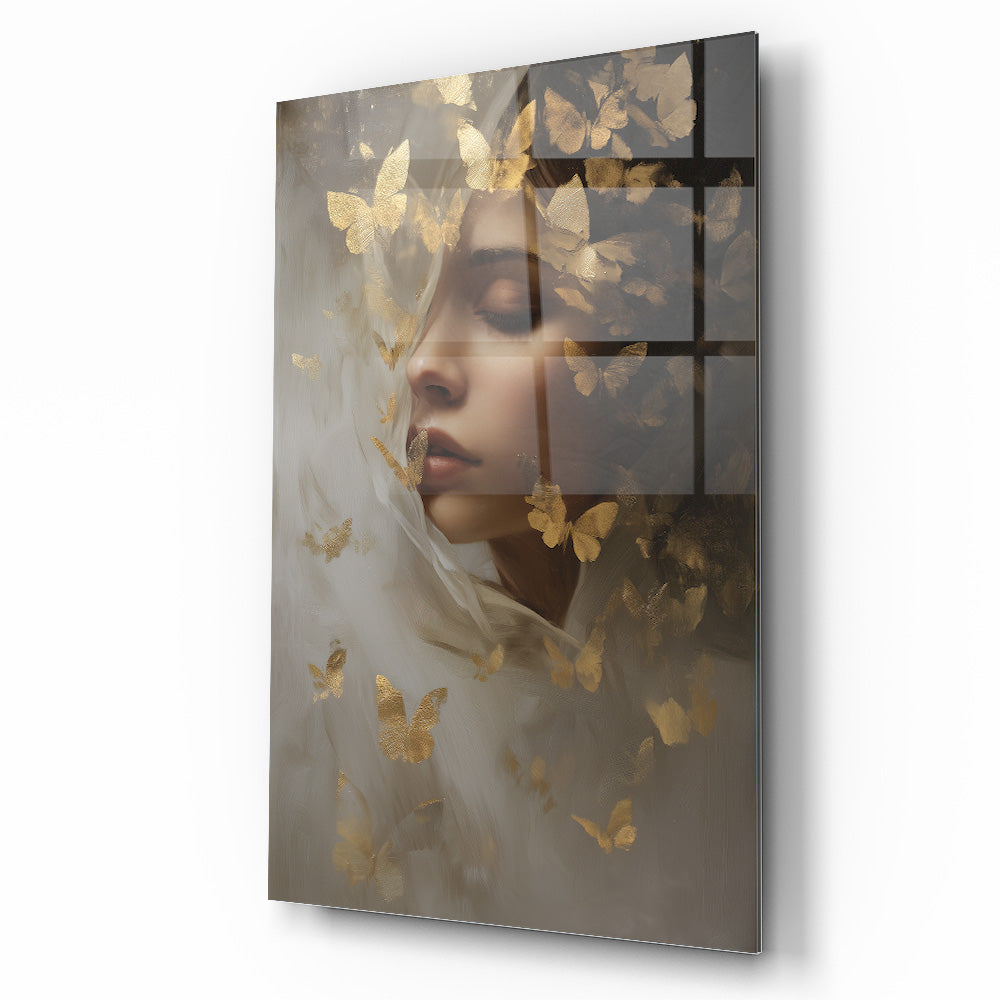 Gold Kelebekler ve Kadın Cam Tablo