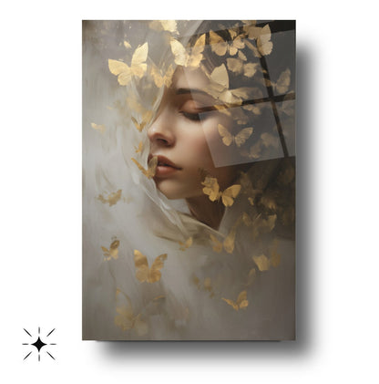 Gold Kelebekler ve Kadın Cam Tablo