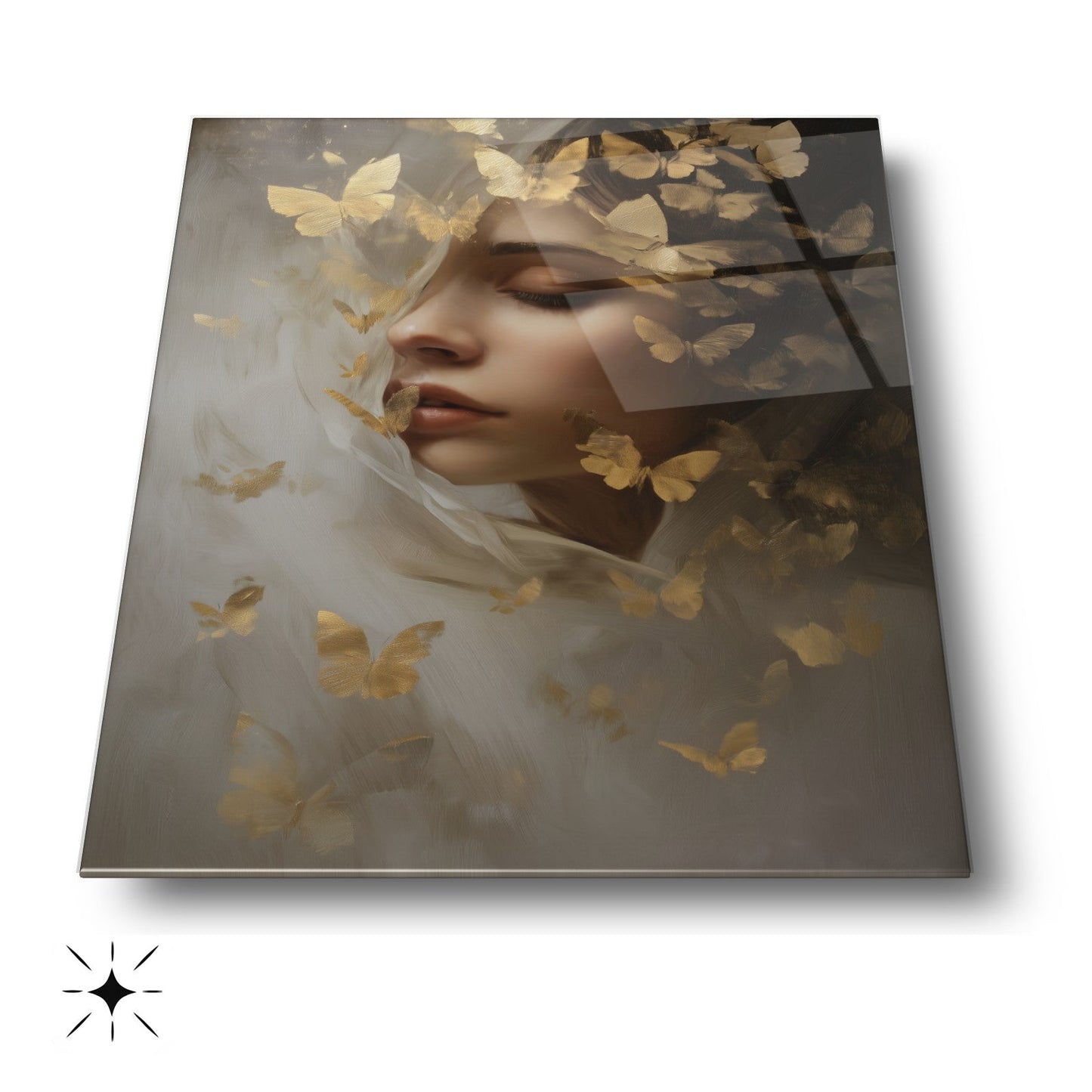 Gold Kelebekler ve Kadın Cam Tablo