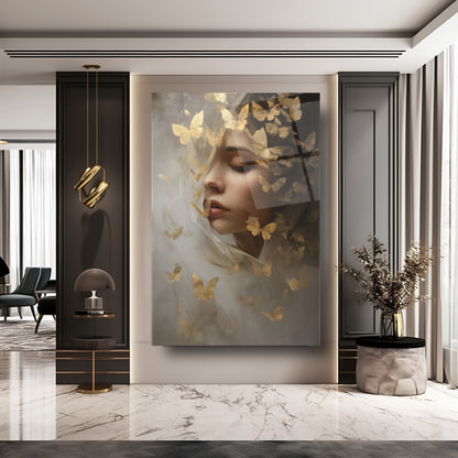 Gold Kelebekler ve Kadın Cam Tablo
