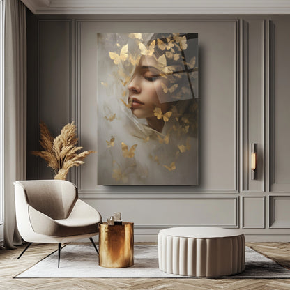 Gold Kelebekler ve Kadın Cam Tablo