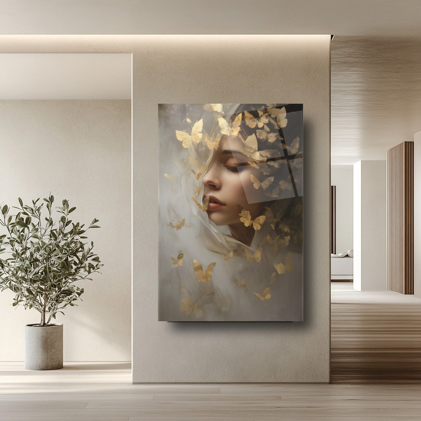 Gold Kelebekler ve Kadın Cam Tablo