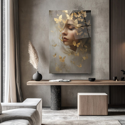 Gold Kelebekler ve Kadın Cam Tablo