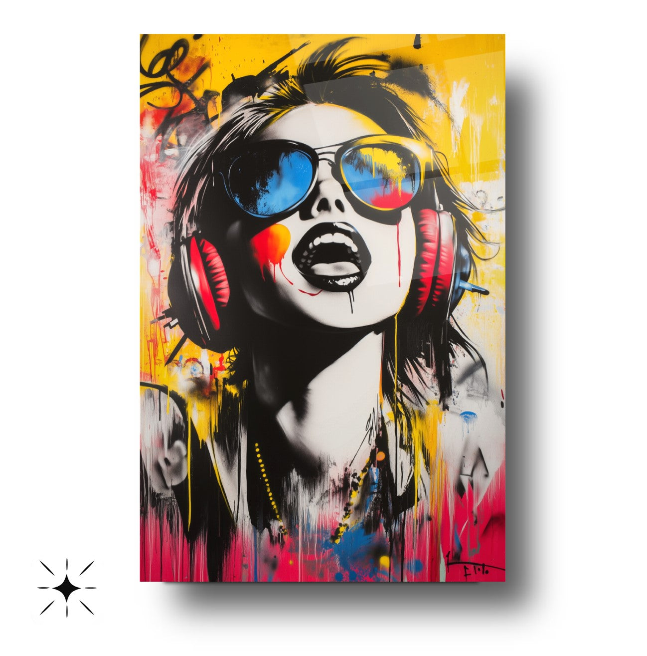 Pop Art Renkli Gözlüklü Kadın Cam Tablo