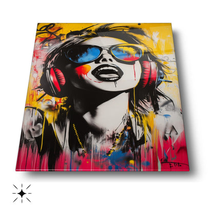 Pop Art Renkli Gözlüklü Kadın Cam Tablo