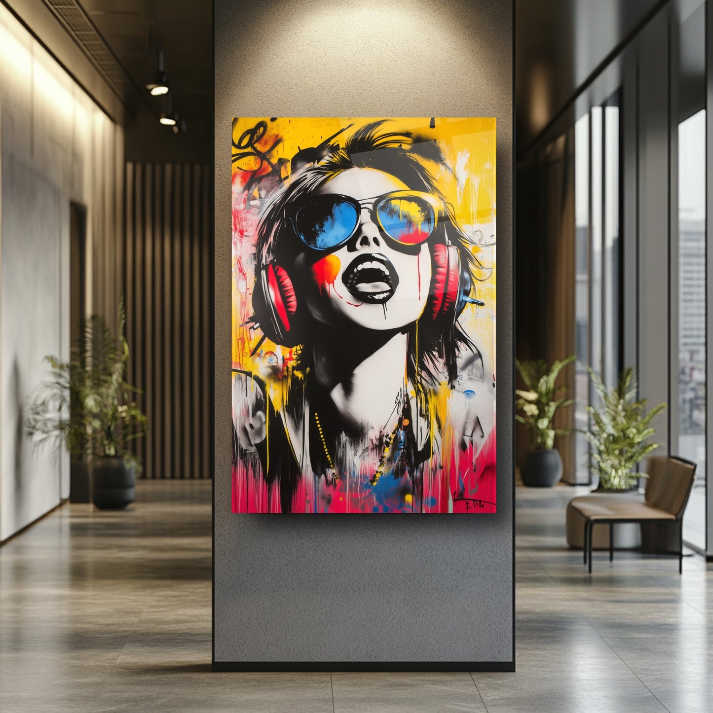 Pop Art Renkli Gözlüklü Kadın Cam Tablo