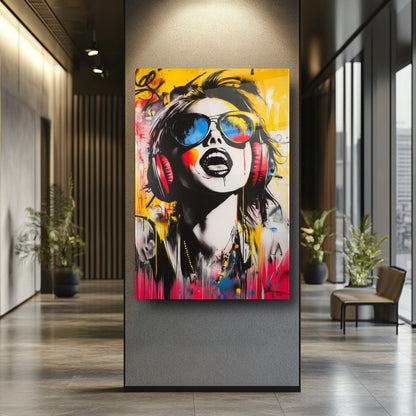 Pop Art Renkli Gözlüklü Kadın Cam Tablo