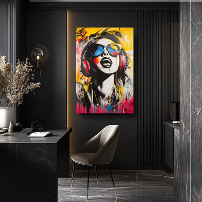 Pop Art Renkli Gözlüklü Kadın Cam Tablo