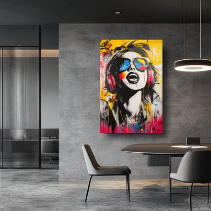 Pop Art Renkli Gözlüklü Kadın Cam Tablo